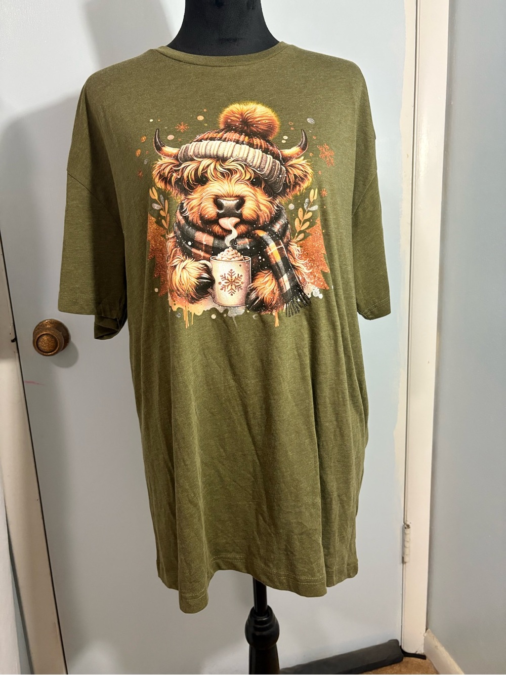 Olive Green Winter Highland Cow Christmas Graphic Tee
